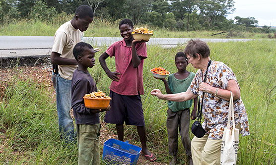 <br/><br/>Mycologist Marja Härkönen asking roadside mushroom sellers about the prices of their wares. Photo by Heikki Kotiranta.<br/><br/>